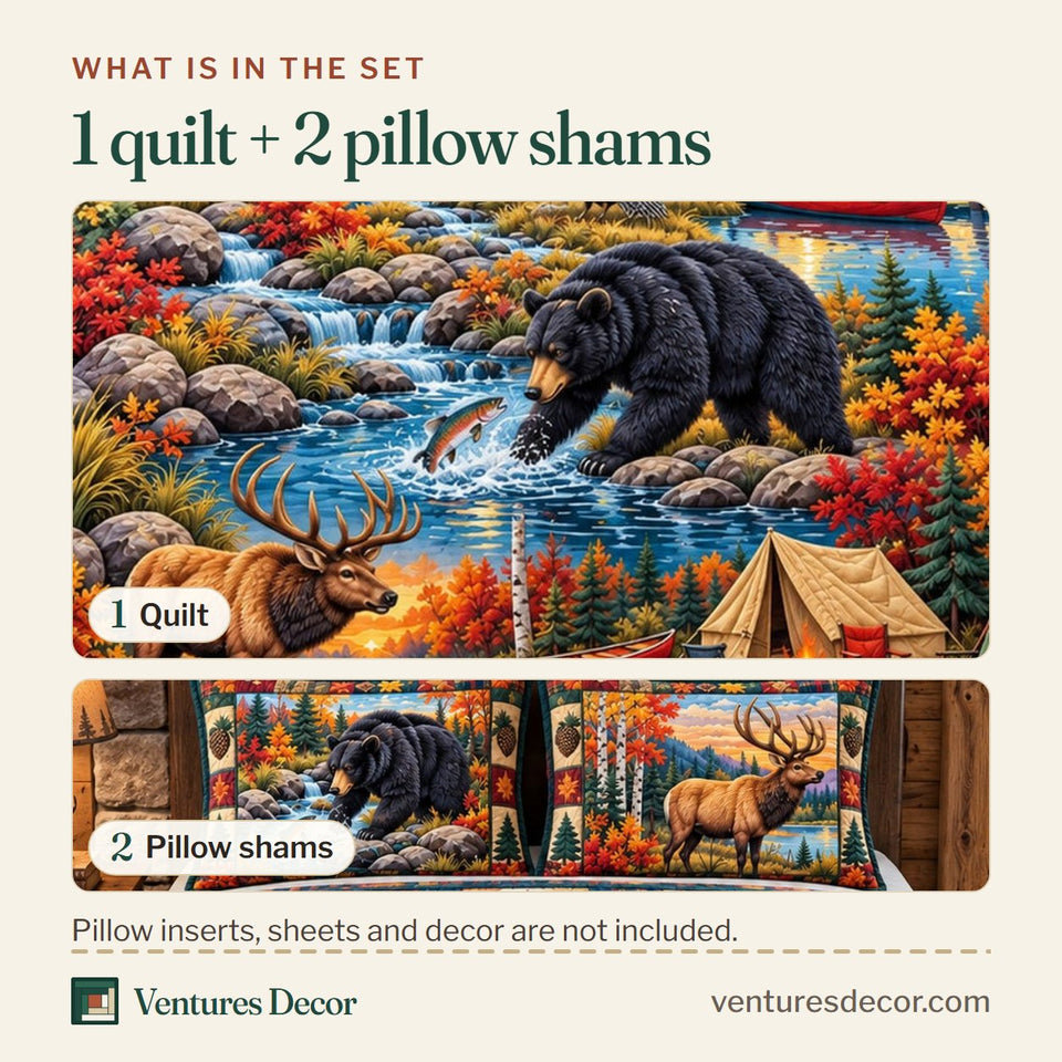 What is in the set: one quilt and two pillow shams, shown in the Autumn Wilderness Adventure Quilt Set, 3-Piece Quilted Bedding with 2 Pillow Shams design