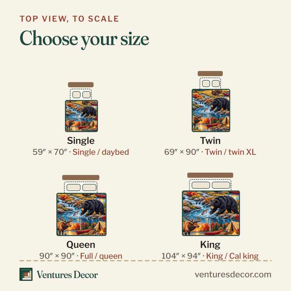 Size guide for the Autumn Wilderness Adventure Quilt Set, 3-Piece Quilted Bedding with 2 Pillow Shams quilt, top view to scale: Single 59 x 70 in, Twin 69 x 90 in, Queen 90 x 90 in, King 104 x 94 in