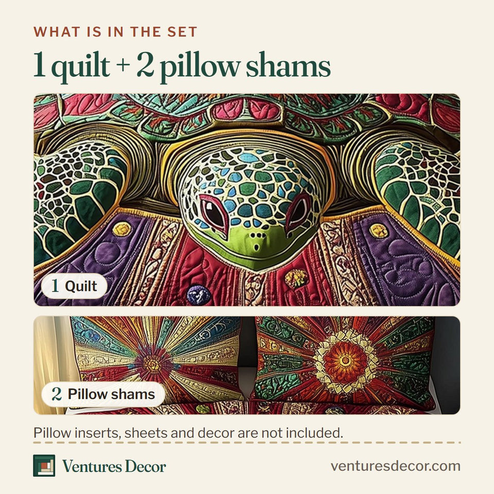 What is in the set: one quilt and two pillow shams, shown in the Awakening of the Sea Turtle Green Shell with Fan Rays design