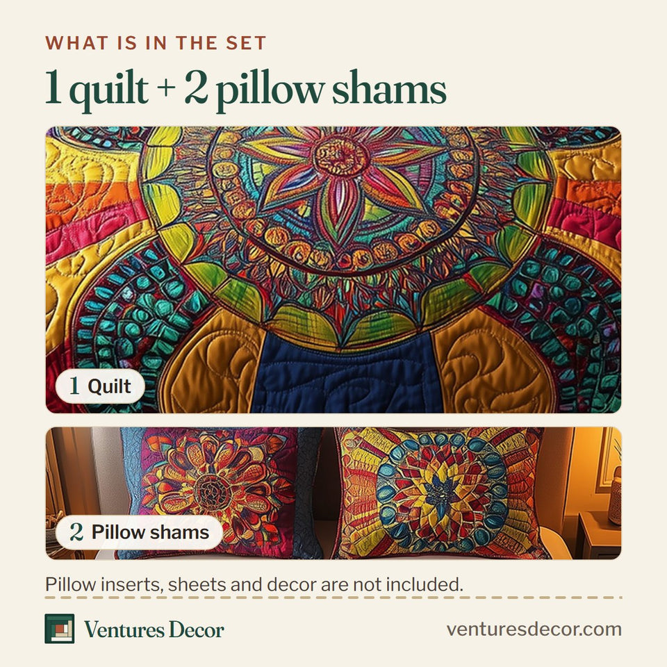 What is in the set: one quilt and two pillow shams, shown in the Awakening of the Sea Turtle Magenta and Yellow Colour Blocks design