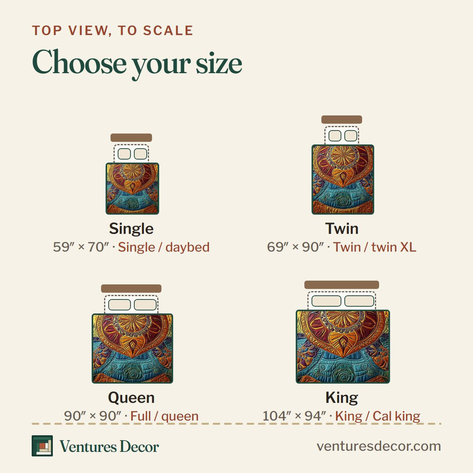 Size guide for the Awakening of the Sea Turtle Mandala Shell on Gold Blocks quilt, top view to scale: Single 59 x 70 in, Twin 69 x 90 in, Queen 90 x 90 in, King 104 x 94 in