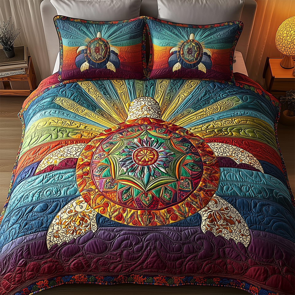 Awakening of the Sea Turtle Striped Teal and Rust Panel quilted bedding set, quilt and two pillow shams on a made bed