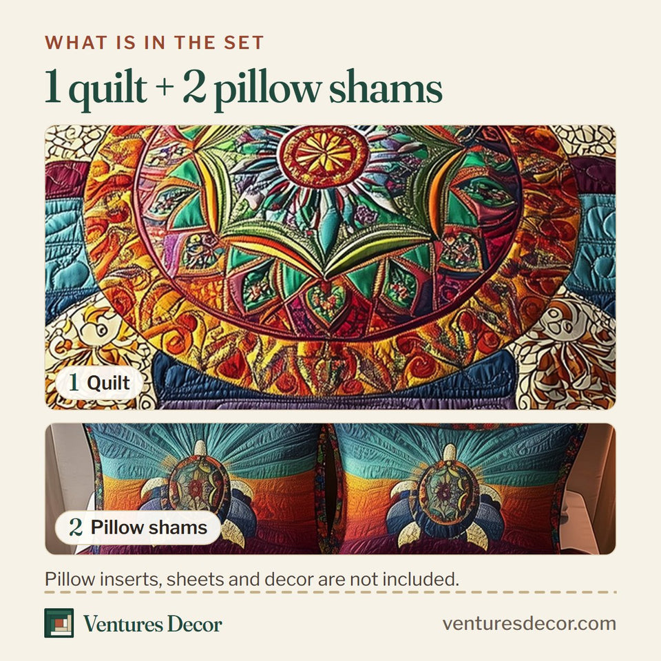 What is in the set: one quilt and two pillow shams, shown in the Awakening of the Sea Turtle Striped Teal and Rust Panel design