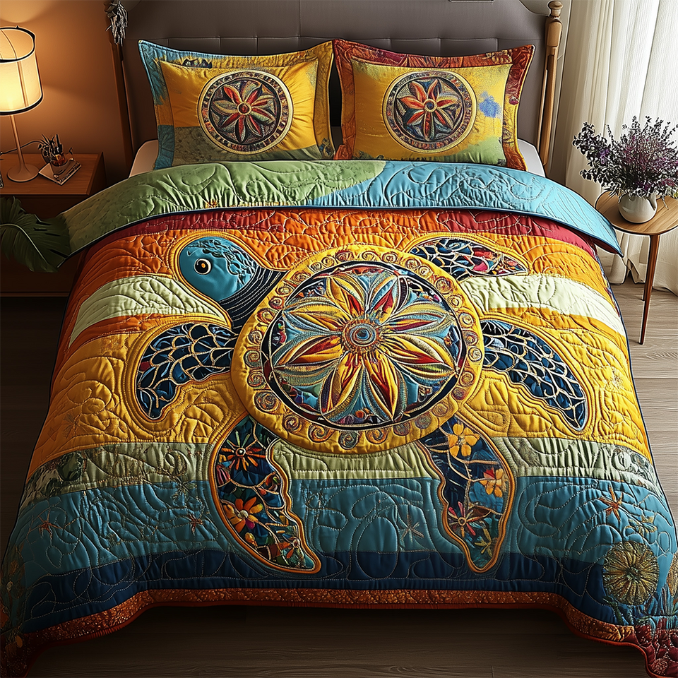 Awakening of the Sea Turtle Teal Shell on Gold quilted bedding set, quilt and two pillow shams on a made bed