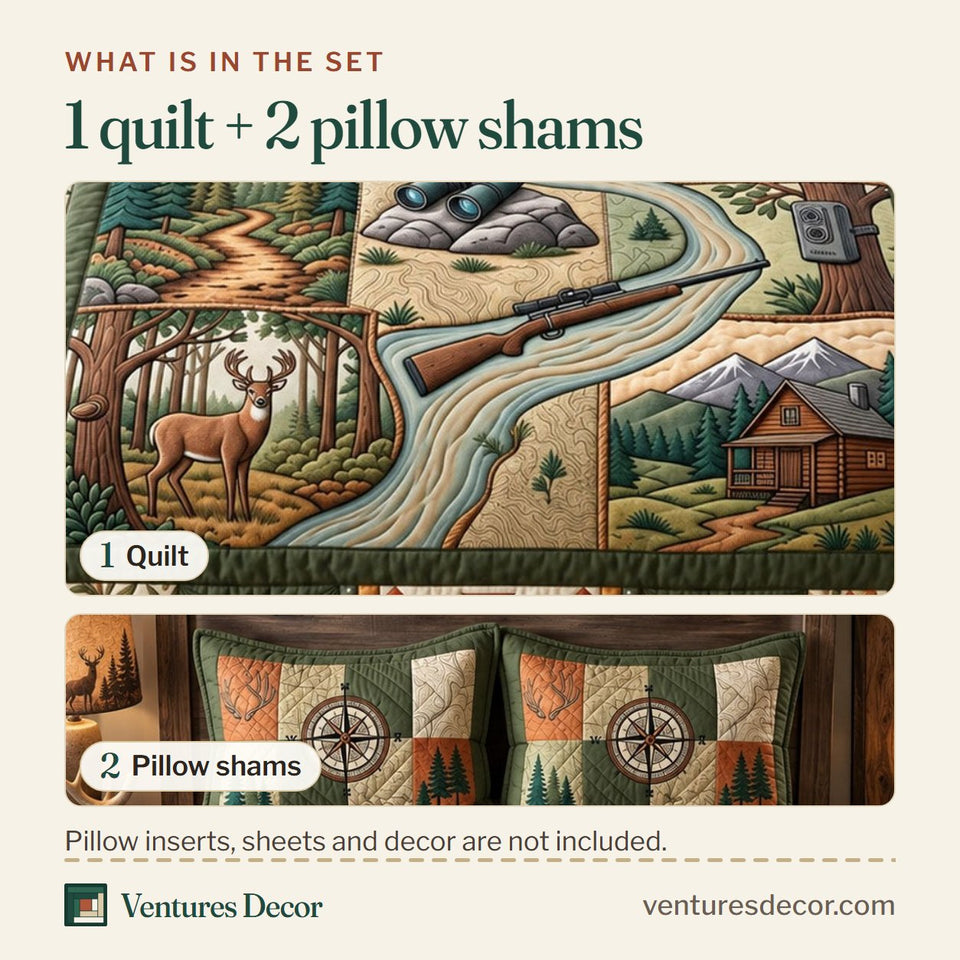 What is in the set: one quilt and two pillow shams, shown in the Backwoods Hunting Trail design