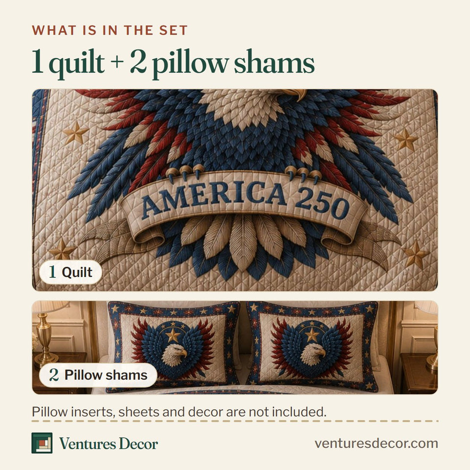 What is in the set: one quilt and two pillow shams, shown in the Bald Eagle America 250 design