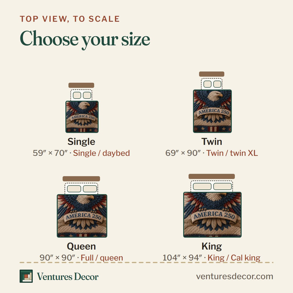 Size guide for the Bald Eagle America 250 quilt, top view to scale: Single 59 x 70 in, Twin 69 x 90 in, Queen 90 x 90 in, King 104 x 94 in