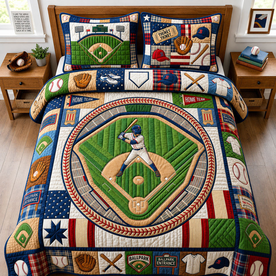 Ballpark Map quilted bedding set, quilt and two pillow shams on a made bed
