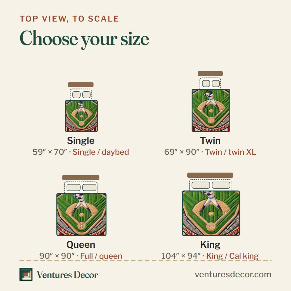 Size guide for the Ballpark Map quilt, top view to scale: Single 59 x 70 in, Twin 69 x 90 in, Queen 90 x 90 in, King 104 x 94 in