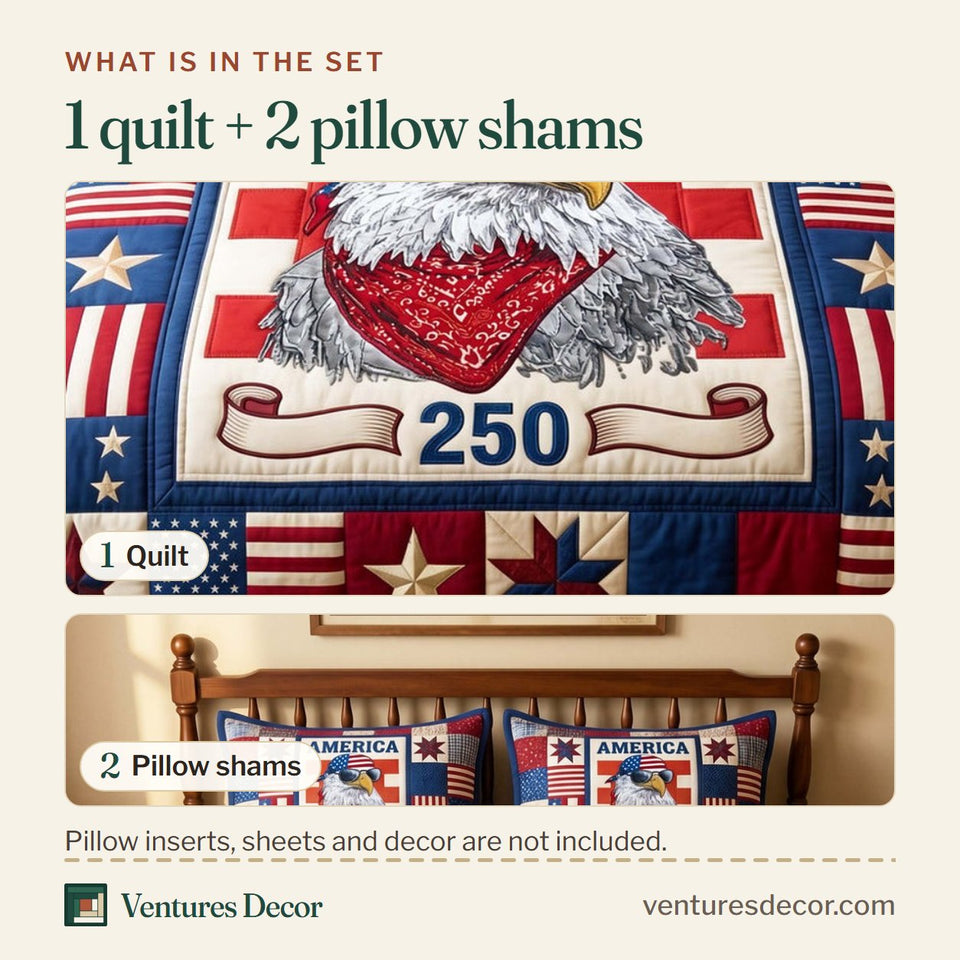 What is in the set: one quilt and two pillow shams, shown in the Bandana Eagle design
