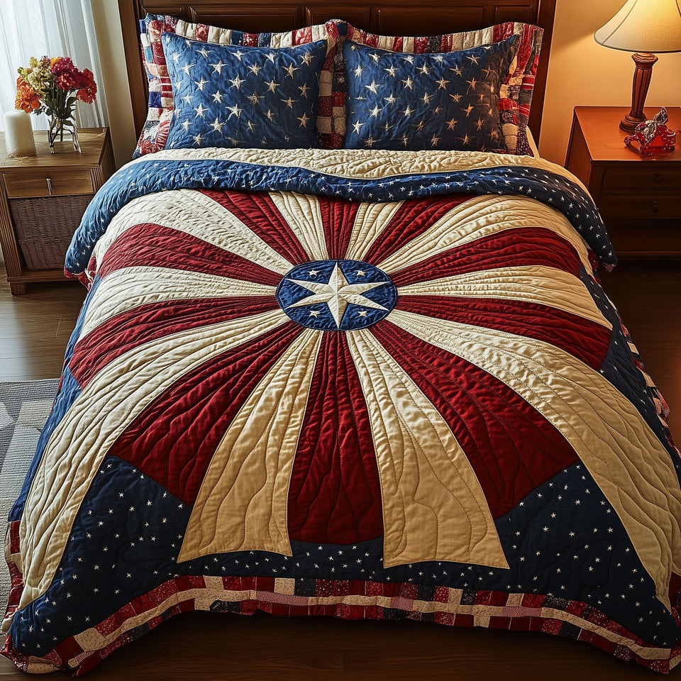 Banner Star Sunrays quilted bedding set, quilt and two pillow shams on a made bed