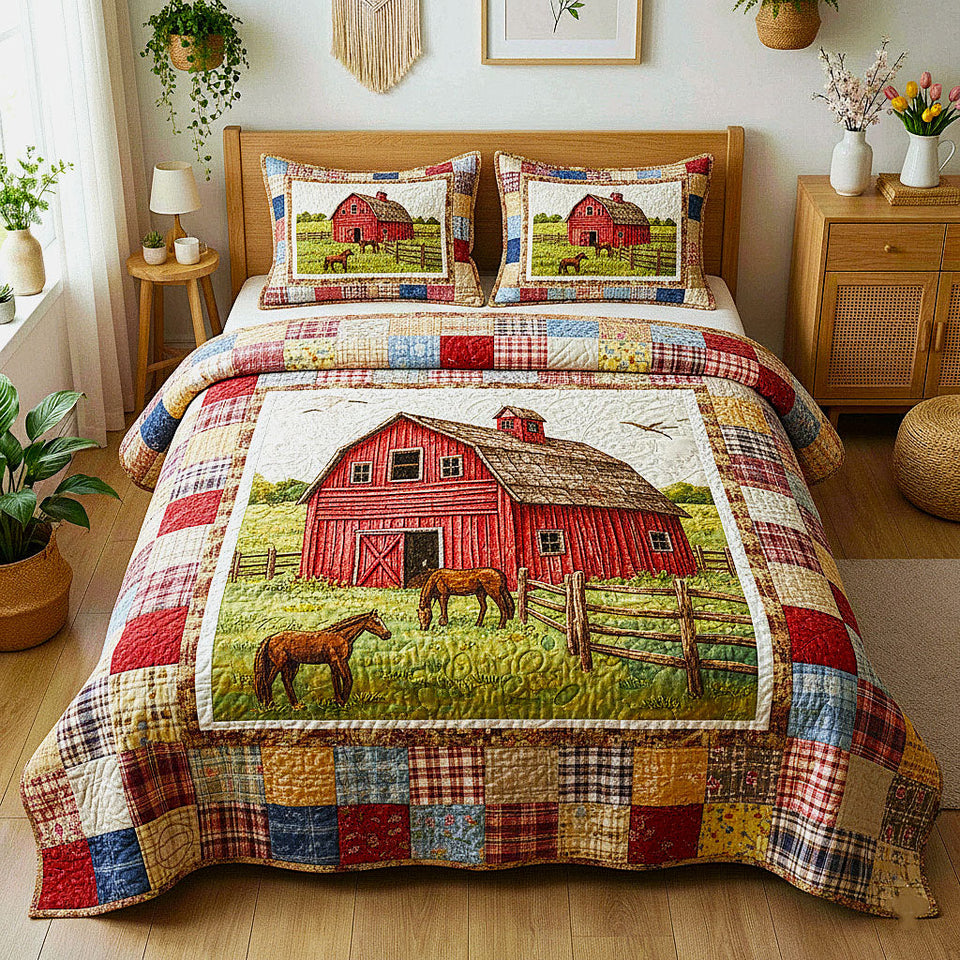 Barn Home quilted bedding set, quilt and two pillow shams on a made bed