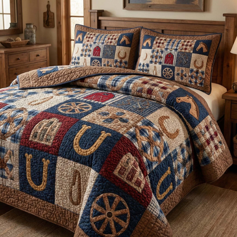 Barn Quilt quilted bedding set, quilt and two pillow shams on a made bed