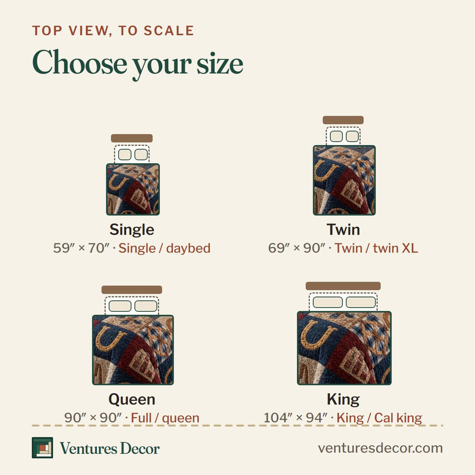 Size guide for the Barn Quilt quilt, top view to scale: Single 59 x 70 in, Twin 69 x 90 in, Queen 90 x 90 in, King 104 x 94 in