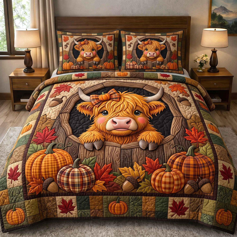 Barn Window Calf quilted bedding set, quilt and two pillow shams on a made bed