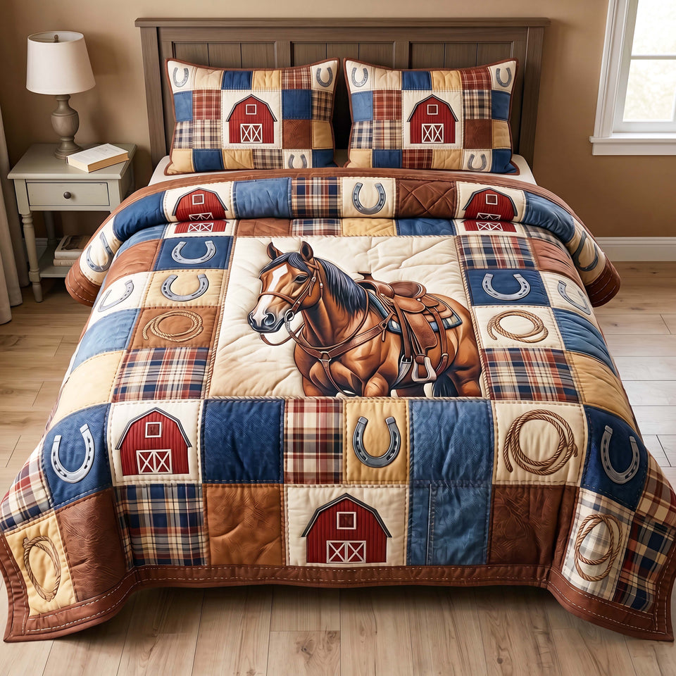 Barnside Rider quilted bedding set, quilt and two pillow shams on a made bed