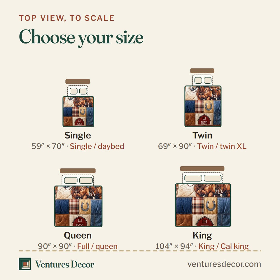 Size guide for the Barnside Rider quilt, top view to scale: Single 59 x 70 in, Twin 69 x 90 in, Queen 90 x 90 in, King 104 x 94 in