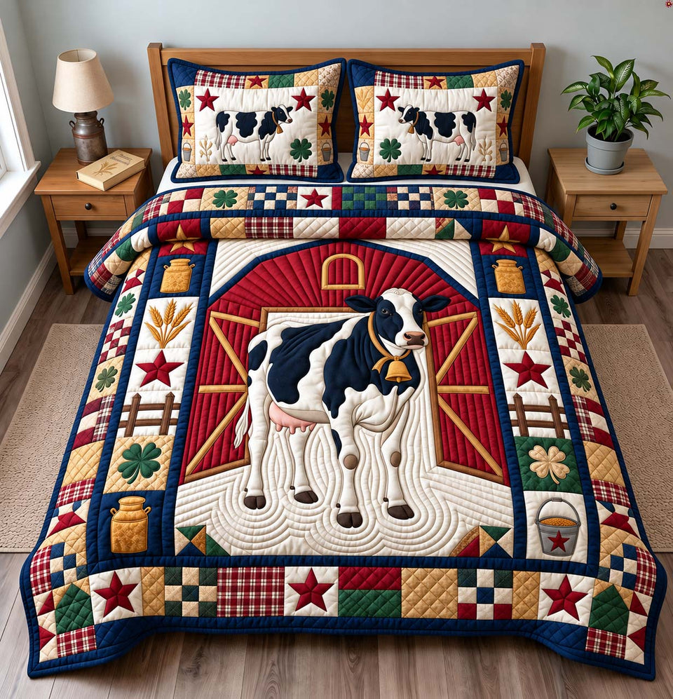 Barnyard Cow Charm quilted bedding set, quilt and two pillow shams on a made bed