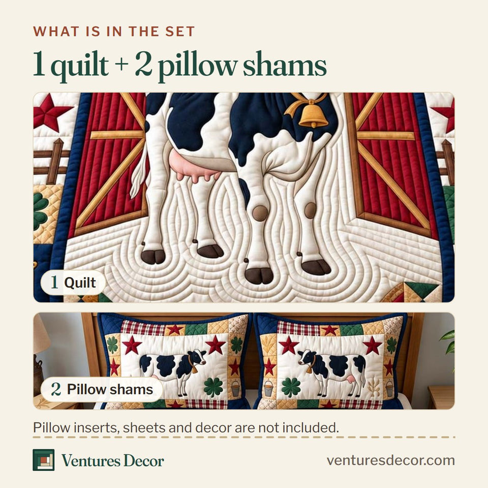 What is in the set: one quilt and two pillow shams, shown in the Barnyard Cow Charm Quilt Set, 3-Piece Quilted Bedding with 2 Pillow Shams design
