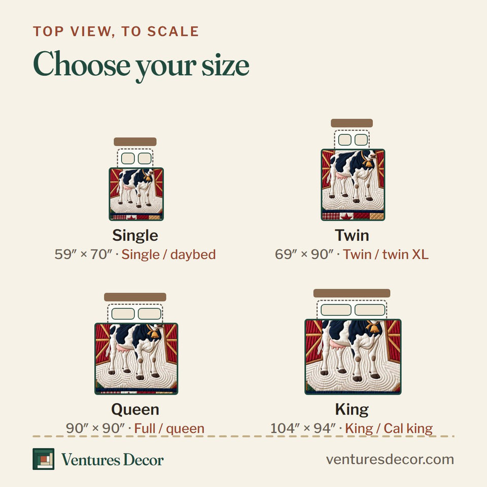 Size guide for the Barnyard Cow Charm Quilt Set, 3-Piece Quilted Bedding with 2 Pillow Shams quilt, top view to scale: Single 59 x 70 in, Twin 69 x 90 in, Queen 90 x 90 in, King 104 x 94 in