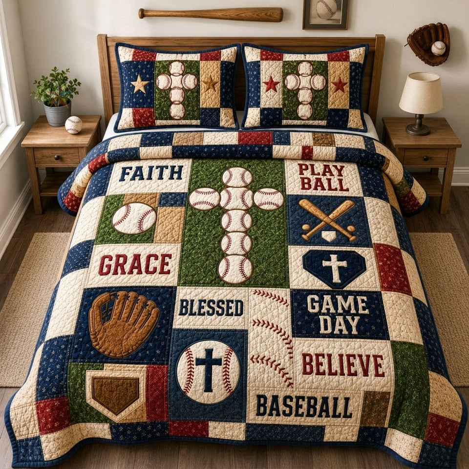 Baseball Faith Cross Patchwork quilted bedding set, quilt and two pillow shams on a made bed