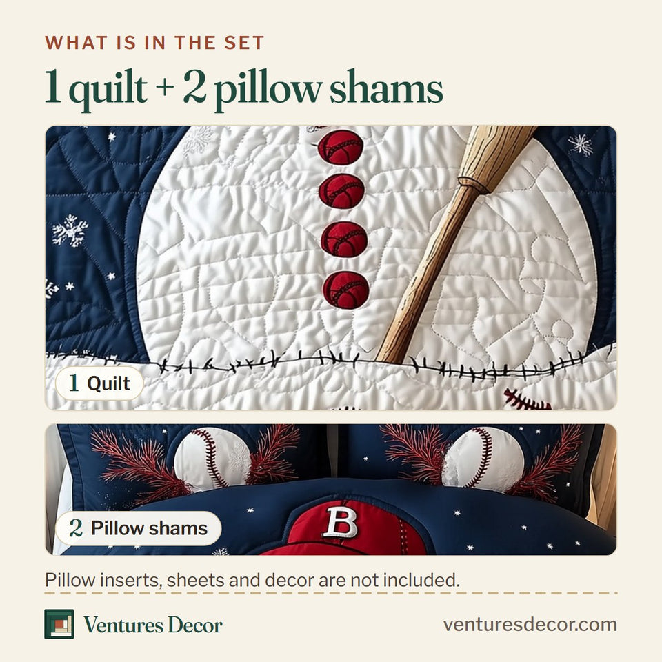 What is in the set: one quilt and two pillow shams, shown in the Baseball Snowman design