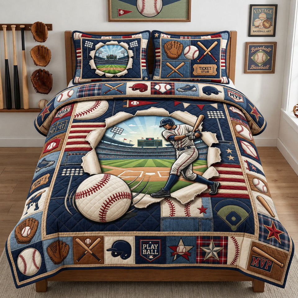 Baseball Stadium Portal quilted bedding set, quilt and two pillow shams on a made bed