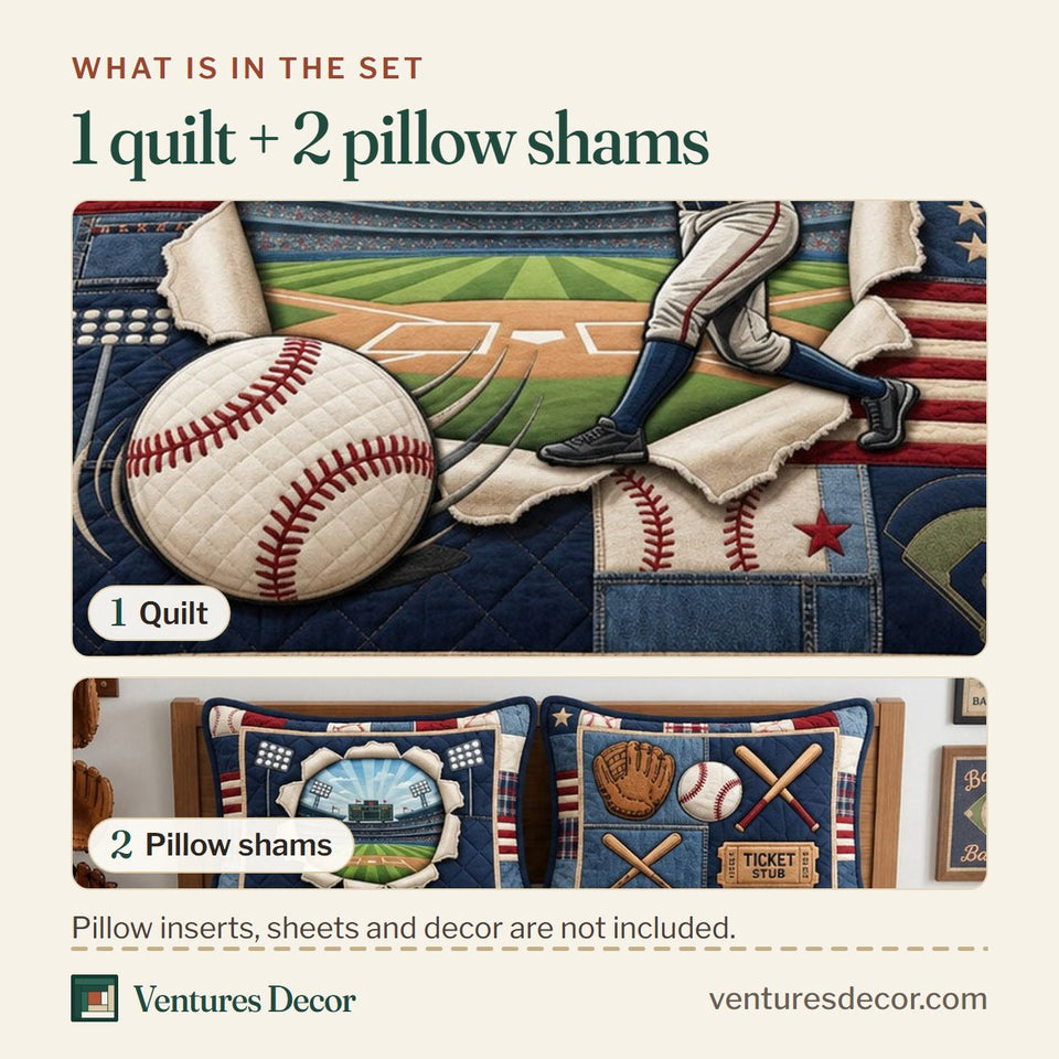 What is in the set: one quilt and two pillow shams, shown in the Baseball Stadium Portal design