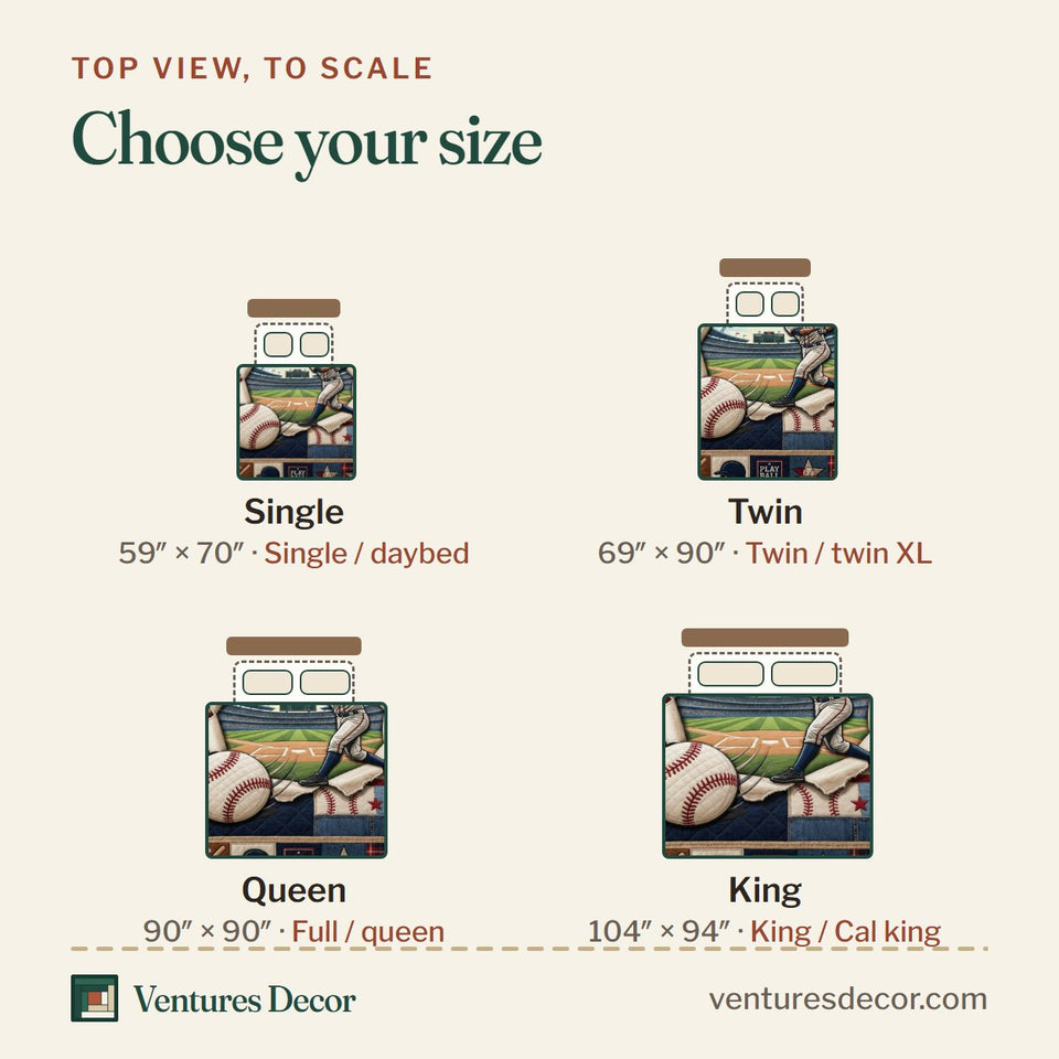 Size guide for the Baseball Stadium Portal quilt, top view to scale: Single 59 x 70 in, Twin 69 x 90 in, Queen 90 x 90 in, King 104 x 94 in