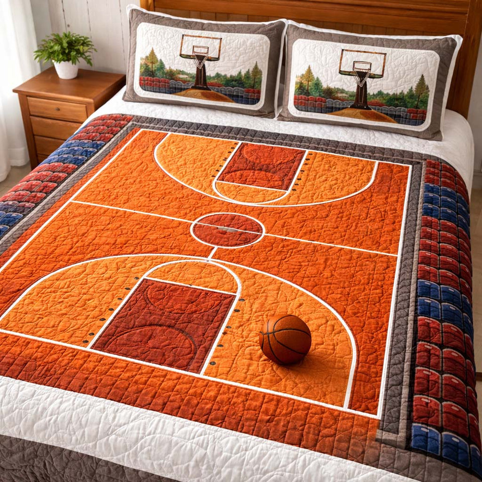 Basketball Court quilted bedding set, quilt and two pillow shams on a made bed