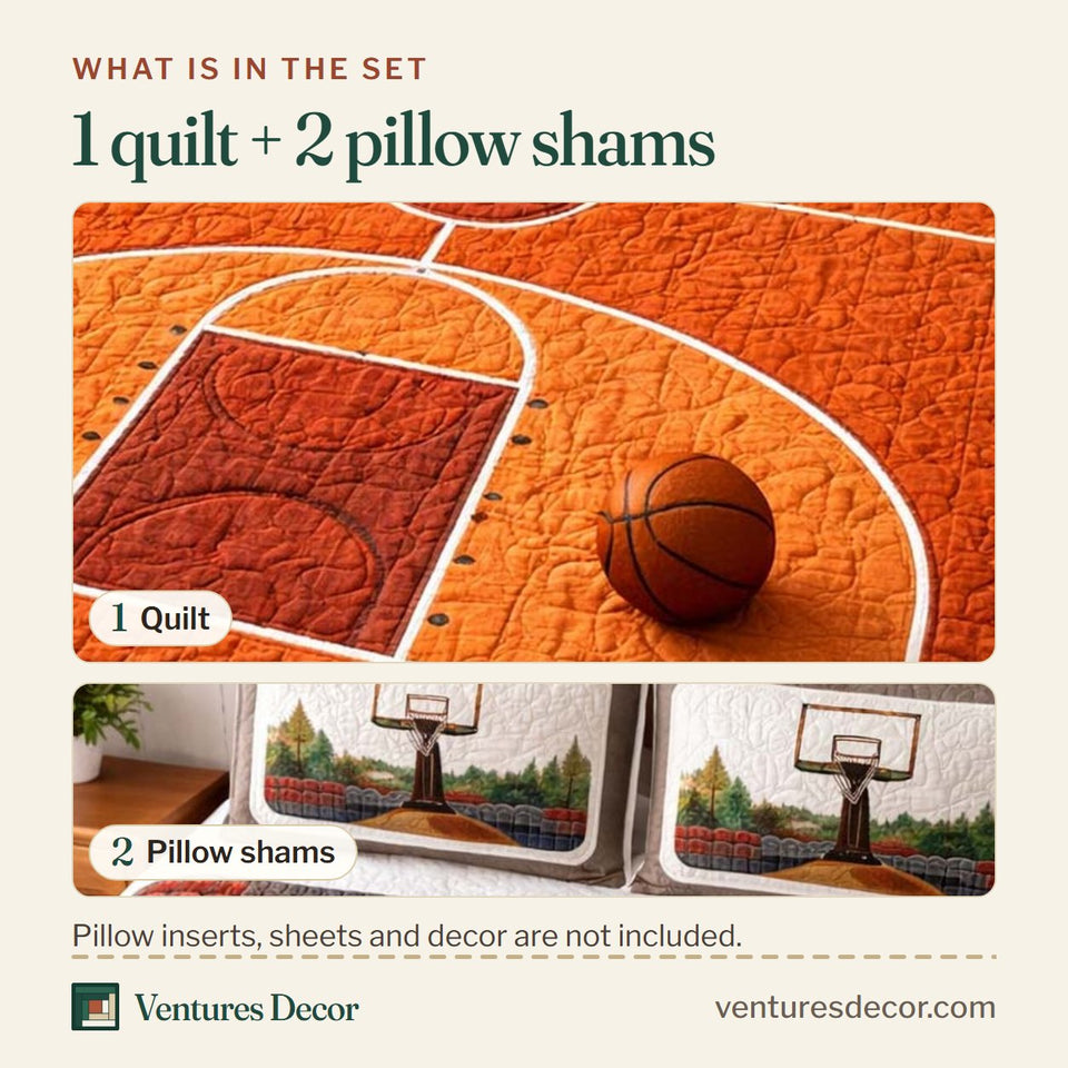 What is in the set: one quilt and two pillow shams, shown in the Basketball Court design