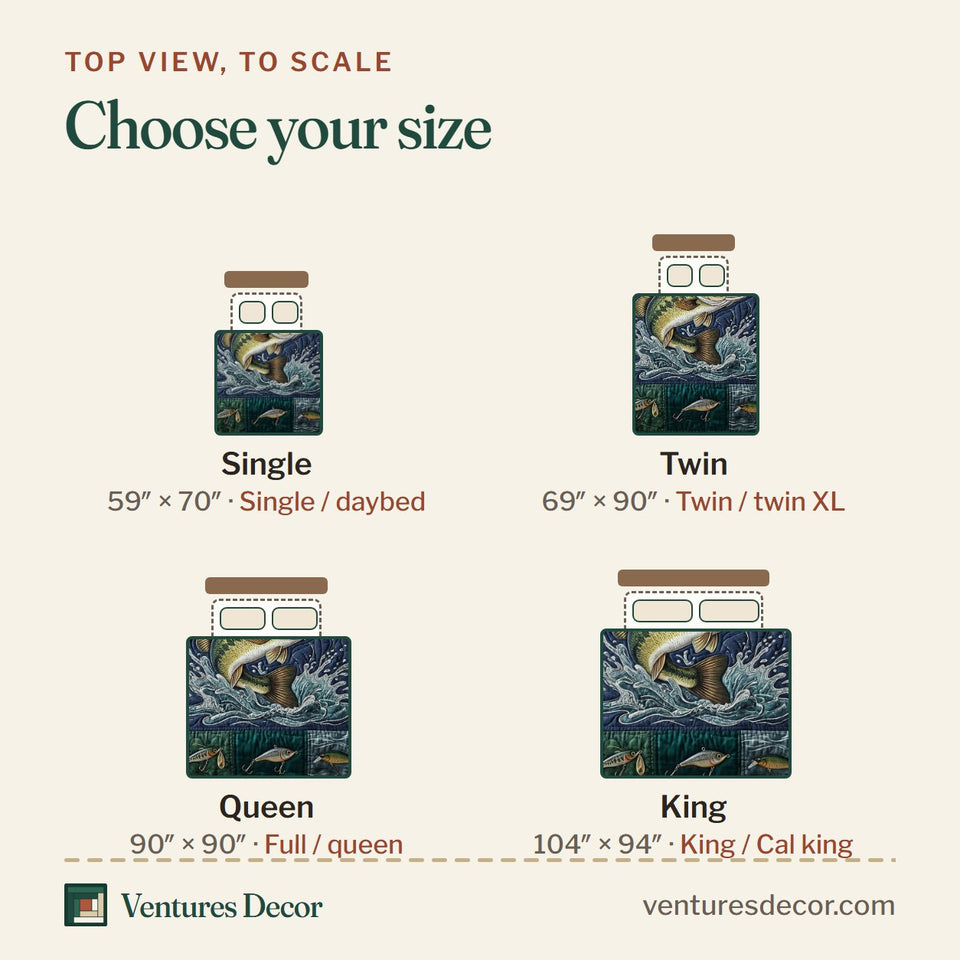 Size guide for the Bass Splash quilt, top view to scale: Single 59 x 70 in, Twin 69 x 90 in, Queen 90 x 90 in, King 104 x 94 in
