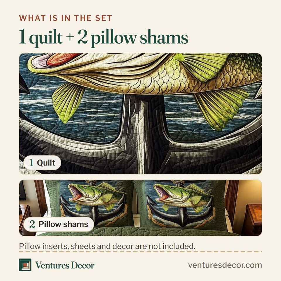 What is in the set: one quilt and two pillow shams, shown in the Bass Strike Anchor design