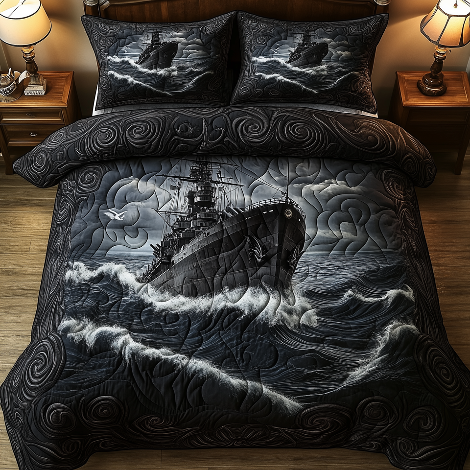 Battle Ship in the Storm quilted bedding set, quilt and two pillow shams on a made bed