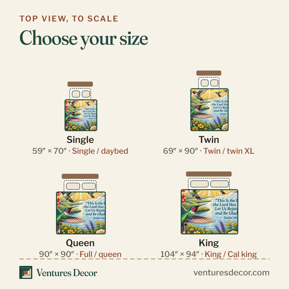 Size guide for the Be Glad In It quilt, top view to scale: Single 59 x 70 in, Twin 69 x 90 in, Queen 90 x 90 in, King 104 x 94 in