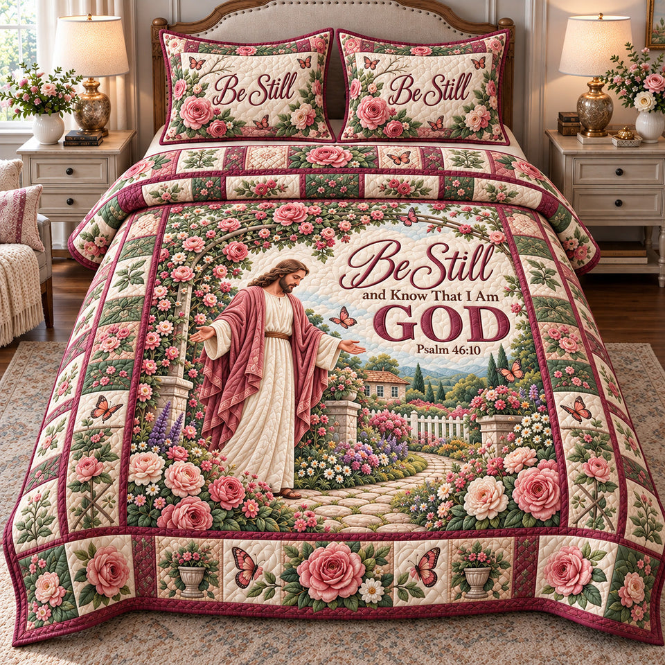Be Still And Know Bible quilted bedding set, quilt and two pillow shams on a made bed