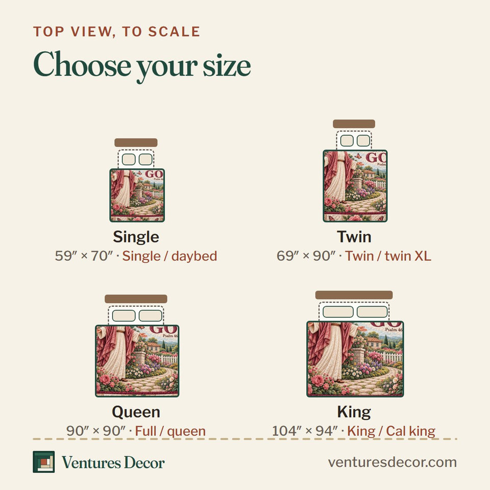 Size guide for the Christian Be Still And Know Bible Quilt Set, 3-Piece Quilted Bedding with 2 Pillow Shams quilt, top view to scale: Single 59 x 70 in, Twin 69 x 90 in, Queen 90 x 90 in, King 104 x 94 in