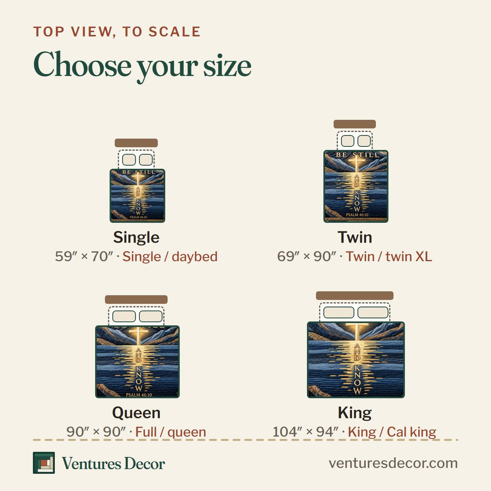Size guide for the Be Still And Know Blue Bird quilt, top view to scale: Single 59 x 70 in, Twin 69 x 90 in, Queen 90 x 90 in, King 104 x 94 in