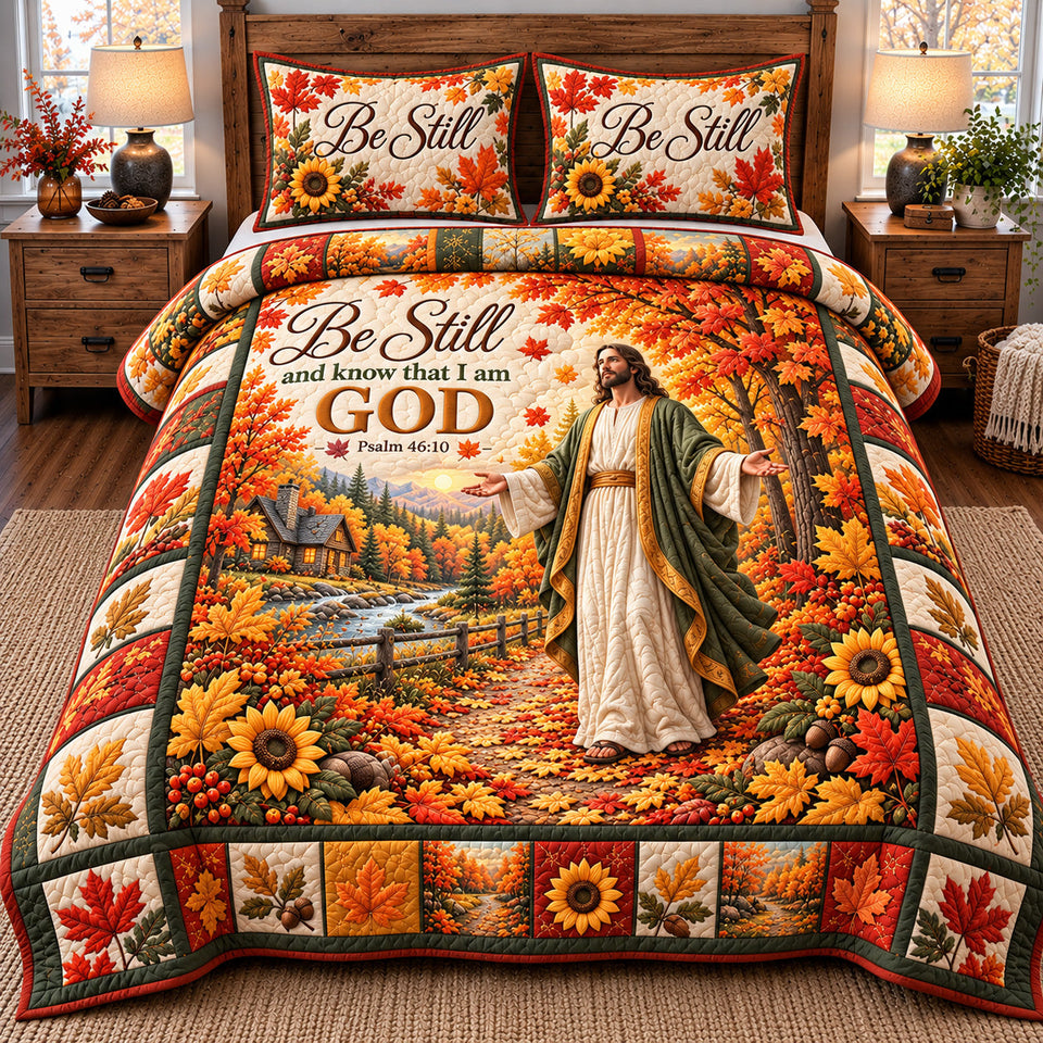 Be Still And Know Christian quilted bedding set, quilt and two pillow shams on a made bed