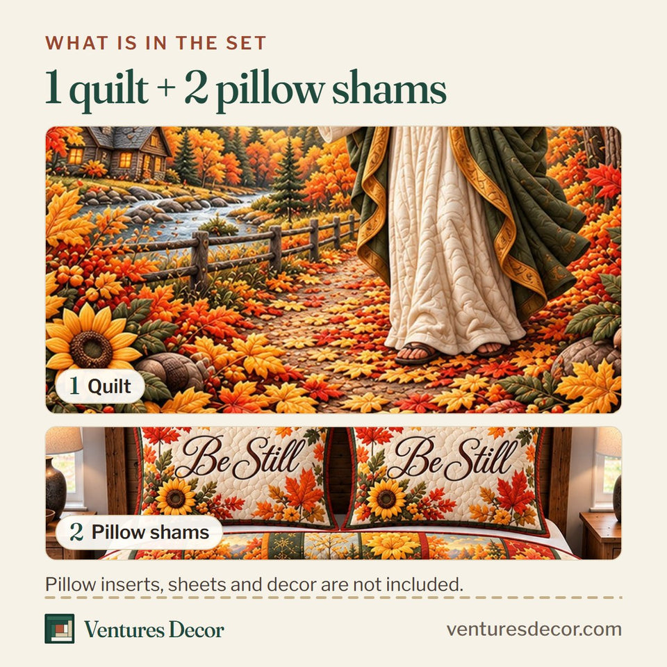 What is in the set: one quilt and two pillow shams, shown in the Be Still And Know Christian Quilt Set, 3-Piece Quilted Bedding with 2 Pillow Shams design