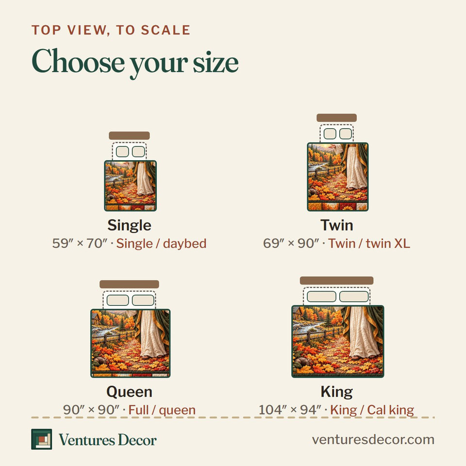 Size guide for the Be Still And Know Christian Quilt Set, 3-Piece Quilted Bedding with 2 Pillow Shams quilt, top view to scale: Single 59 x 70 in, Twin 69 x 90 in, Queen 90 x 90 in, King 104 x 94 in