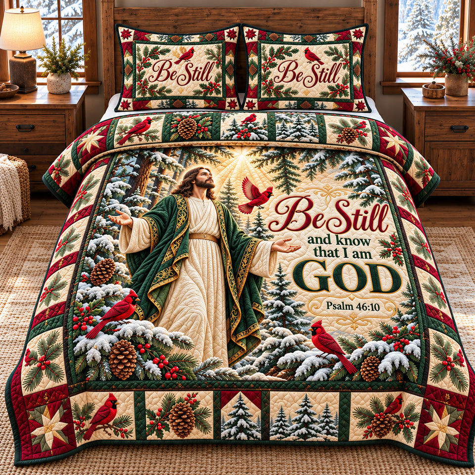 Be Still And Know in Blush quilted bedding set, quilt and two pillow shams on a made bed