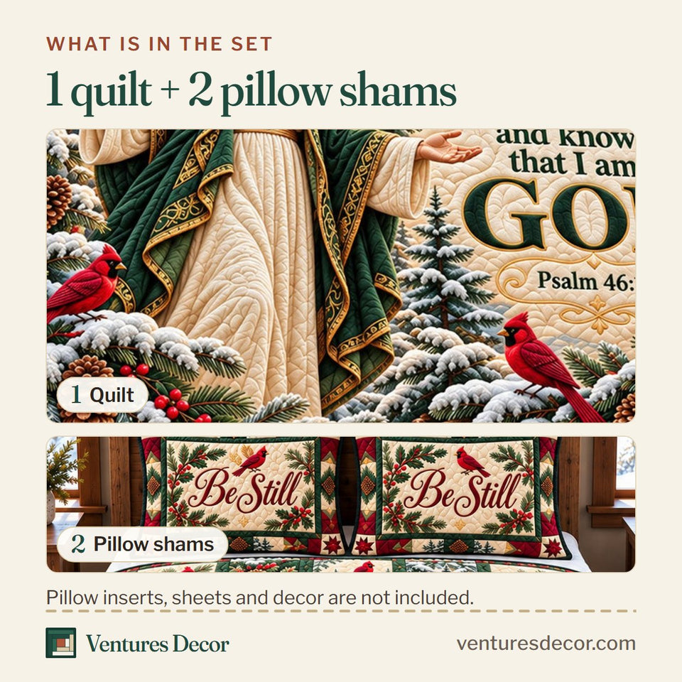 What is in the set: one quilt and two pillow shams, shown in the Be Still And Know in Blush Quilt Set, 3-Piece Quilted Bedding with 2 Pillow Shams design