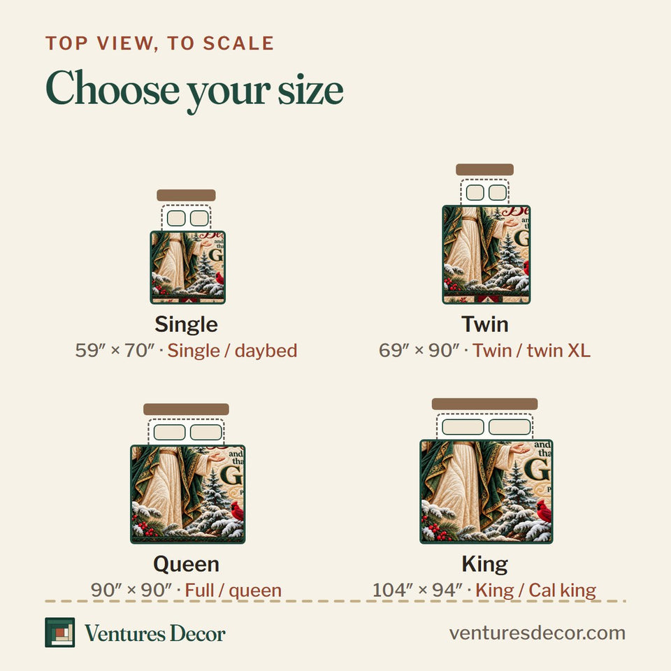 Size guide for the Be Still And Know in Blush Quilt Set, 3-Piece Quilted Bedding with 2 Pillow Shams quilt, top view to scale: Single 59 x 70 in, Twin 69 x 90 in, Queen 90 x 90 in, King 104 x 94 in