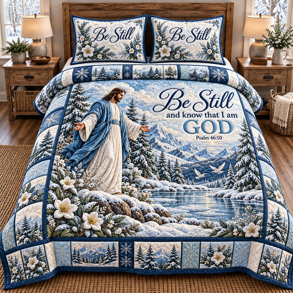 Be Still And Know in Gray quilted bedding set, quilt and two pillow shams on a made bed