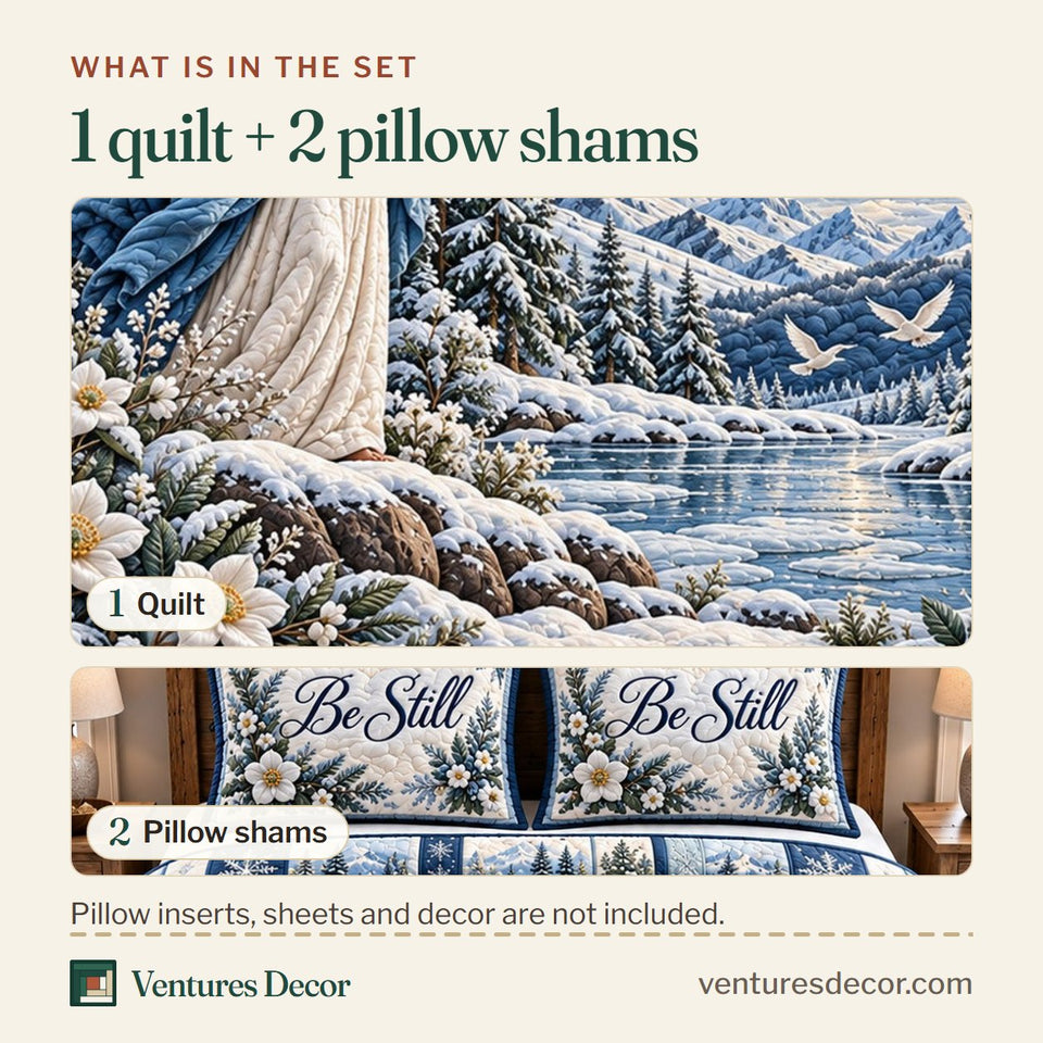 What is in the set: one quilt and two pillow shams, shown in the Be Still And Know in Gray Quilt Set, 3-Piece Quilted Bedding with 2 Pillow Shams design