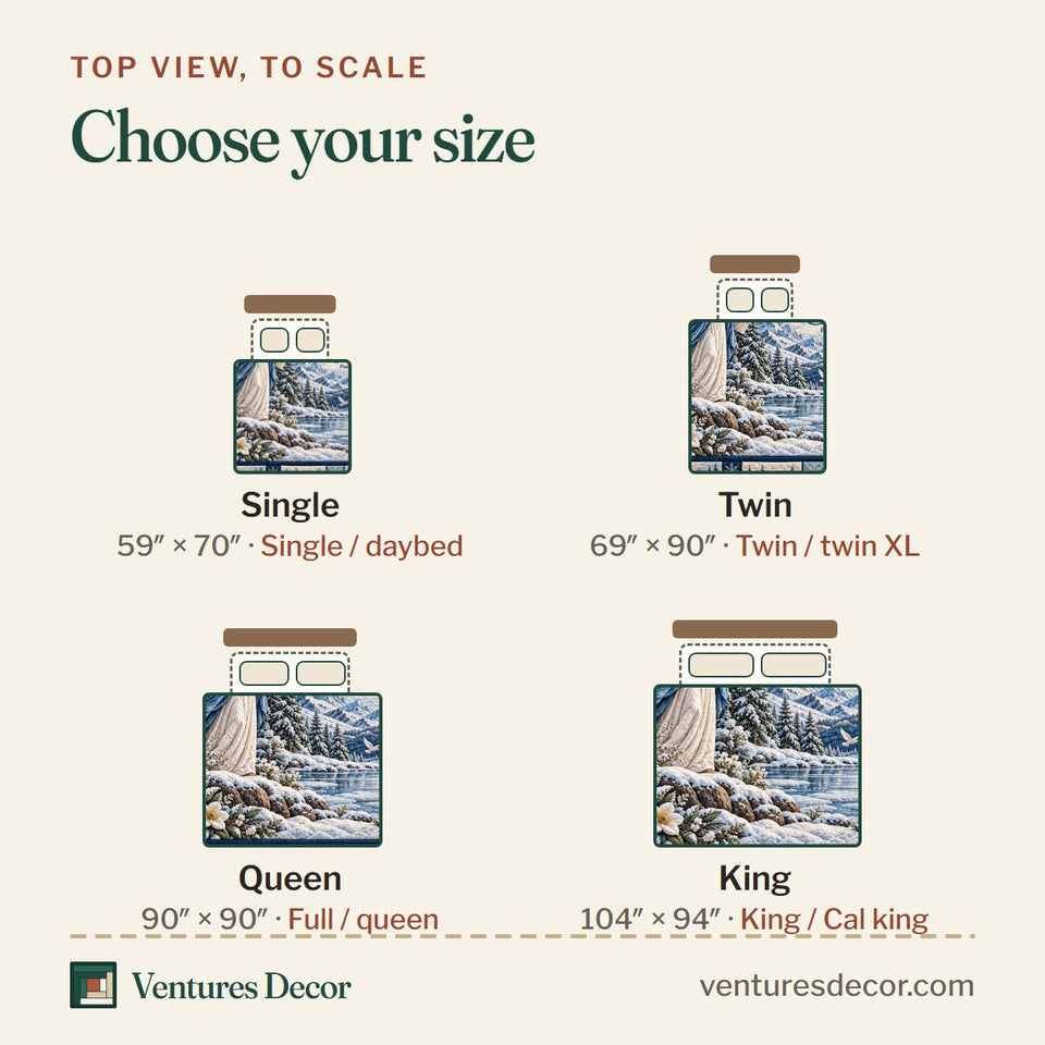 Size guide for the Be Still And Know in Gray Quilt Set, 3-Piece Quilted Bedding with 2 Pillow Shams quilt, top view to scale: Single 59 x 70 in, Twin 69 x 90 in, Queen 90 x 90 in, King 104 x 94 in