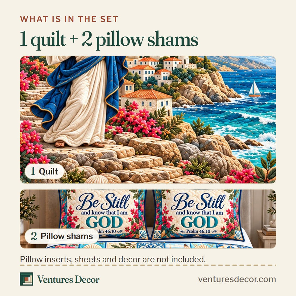 What is in the set: one quilt and two pillow shams, shown in the Be Still And Know in Tan Quilt Set, 3-Piece Quilted Bedding with 2 Pillow Shams design