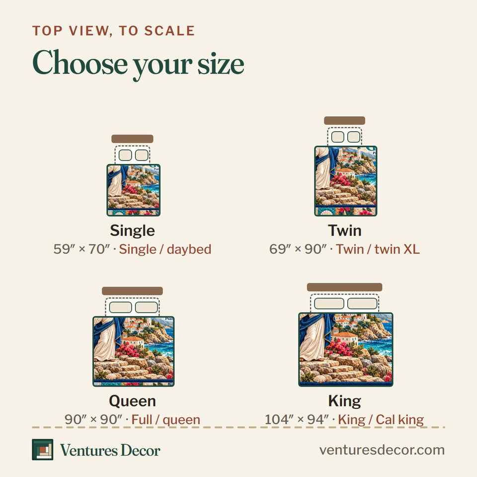 Size guide for the Be Still And Know in Tan Quilt Set, 3-Piece Quilted Bedding with 2 Pillow Shams quilt, top view to scale: Single 59 x 70 in, Twin 69 x 90 in, Queen 90 x 90 in, King 104 x 94 in