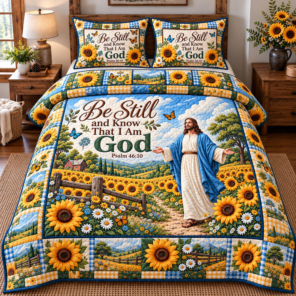 Be Still And Know Jesus quilted bedding set, quilt and two pillow shams on a made bed